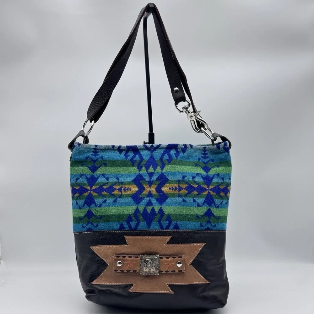 Custom Pendleton Upcycled Leather & Wool Nan-Made Pecos Hobo Crossbody Tote‎ Bag
